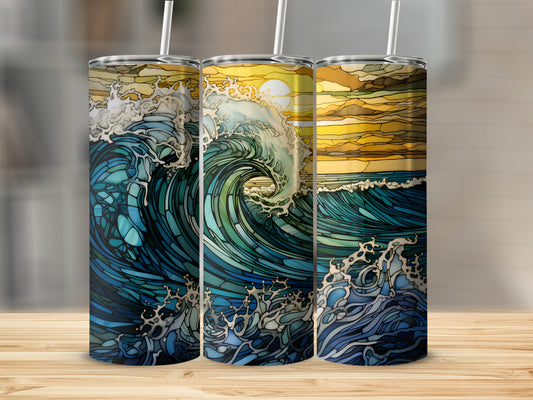 Beach wave with stained glass effect at sunset, on a tumbler.