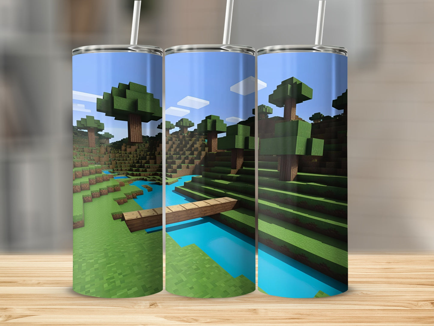 Three tumblers featuring Minecraft forest scene with trees, river, and bridge.