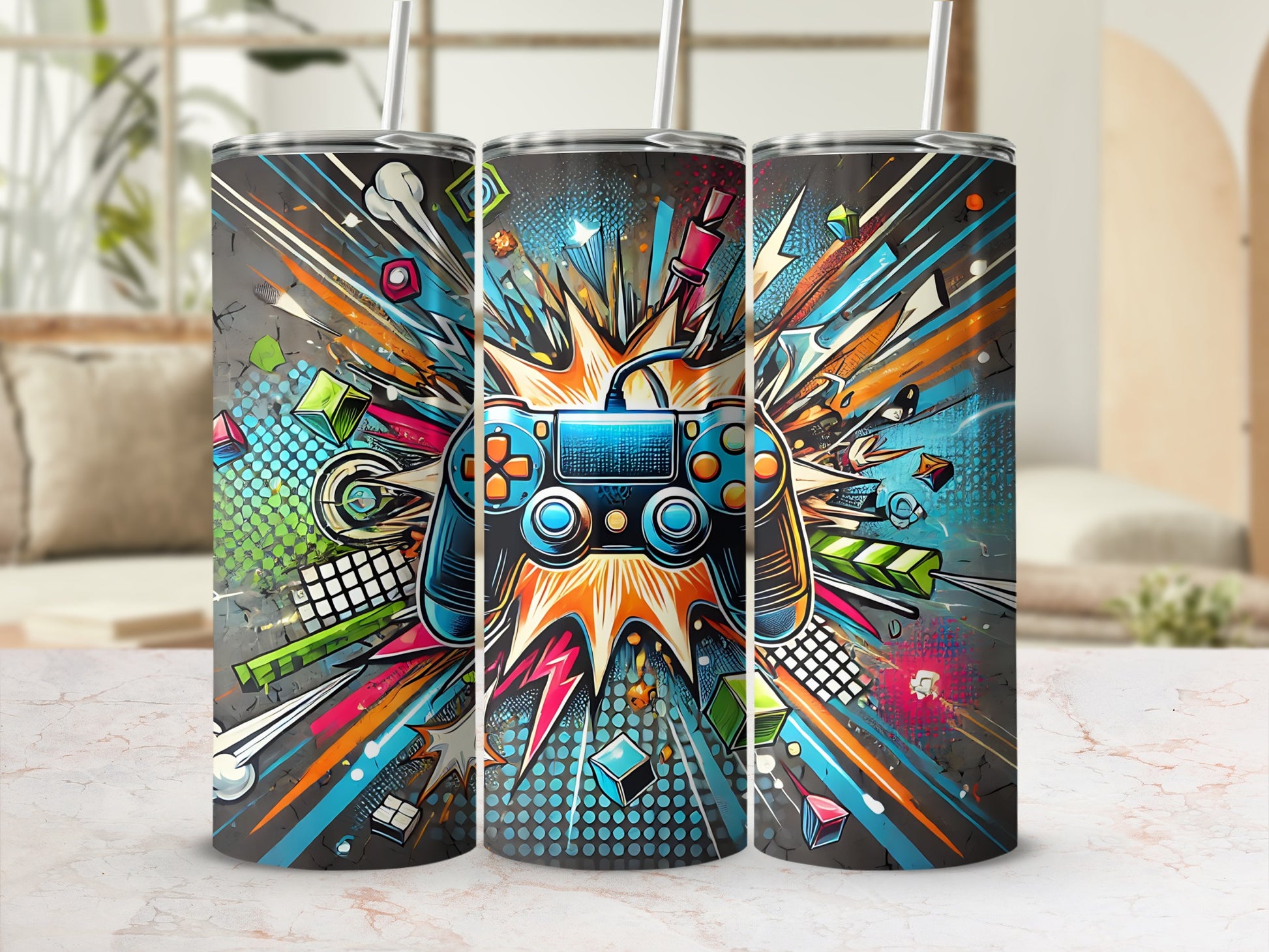 Video game controller design on a tumbler with colorful explosions and geometric shapes.