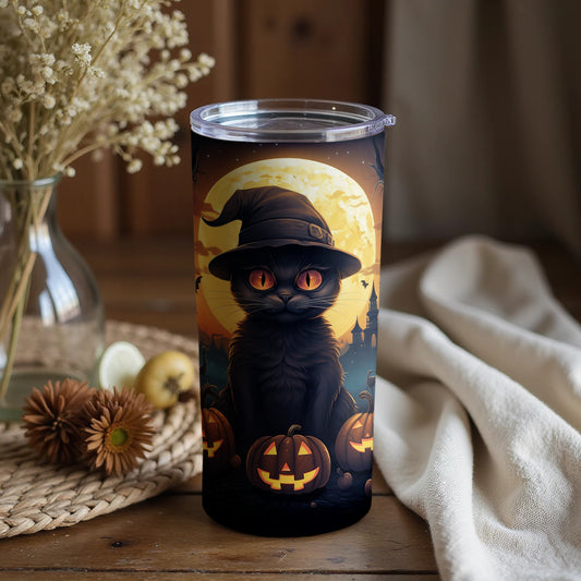 Black Cat with Pumpkins Halloween Design Tumbler