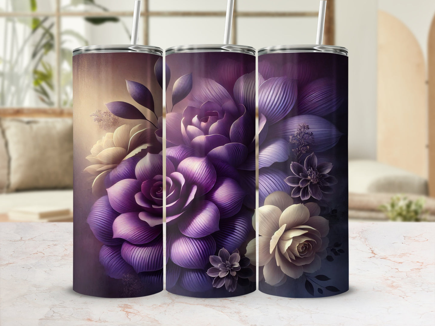 Elegant Purple Floral Design Tumbler With Straw Cup