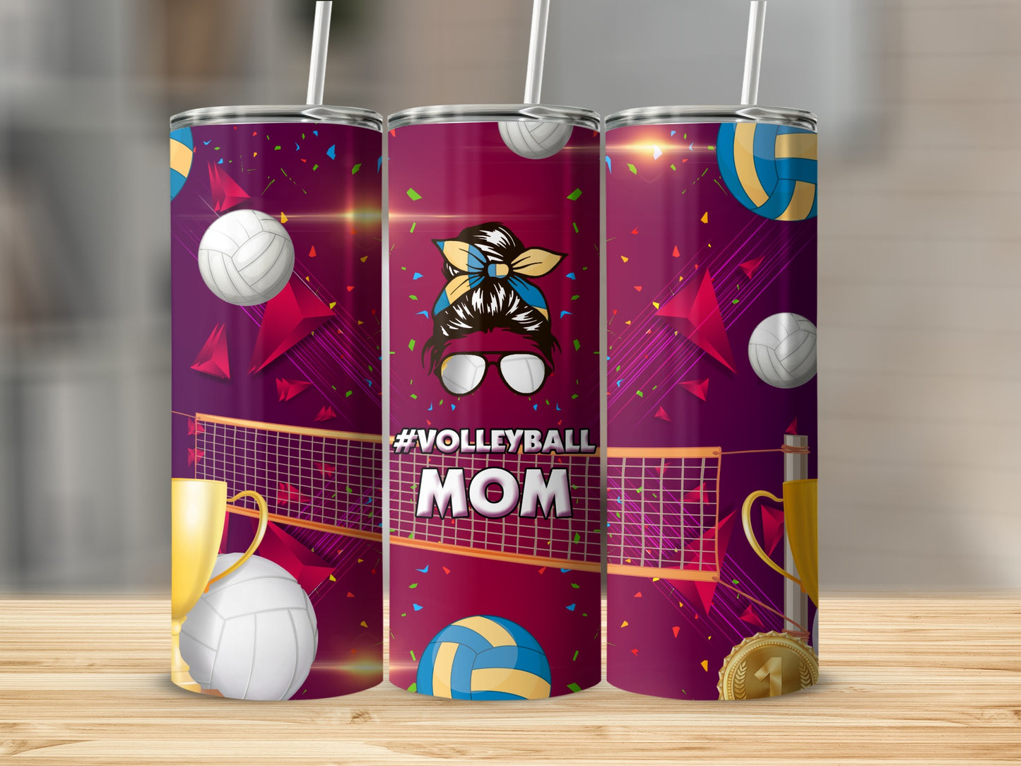 Volleyball Mom tumbler with net, trophy, and colorful geometric shapes.