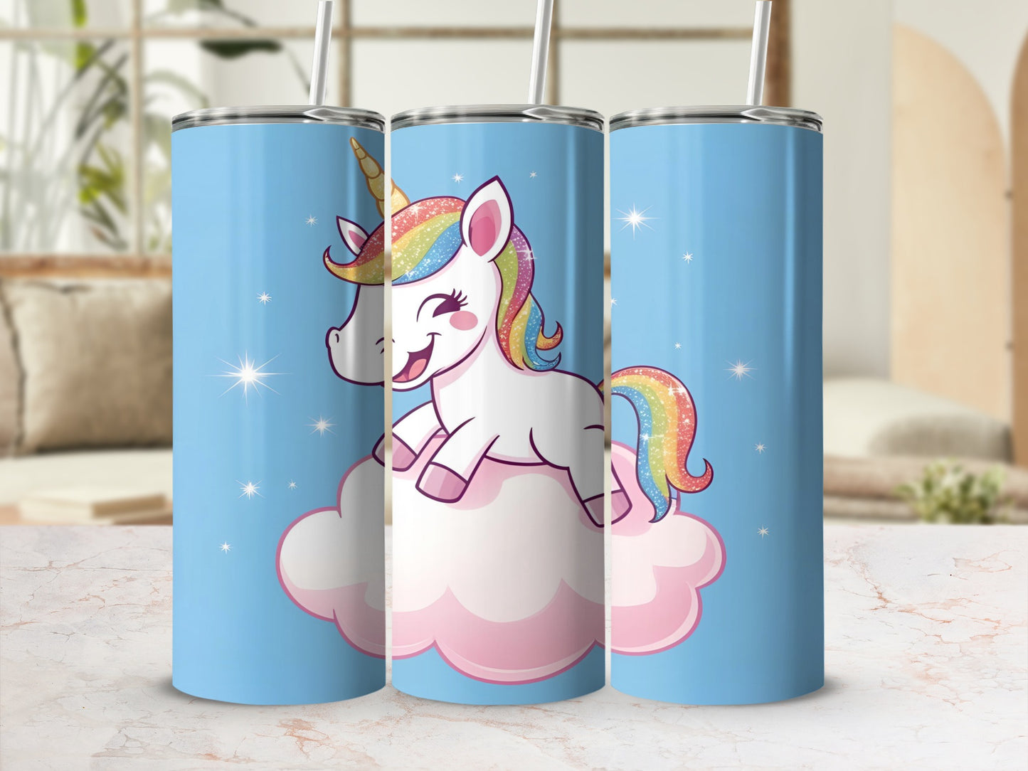 Blue tumbler with a smiling unicorn on a cloud and rainbow mane.