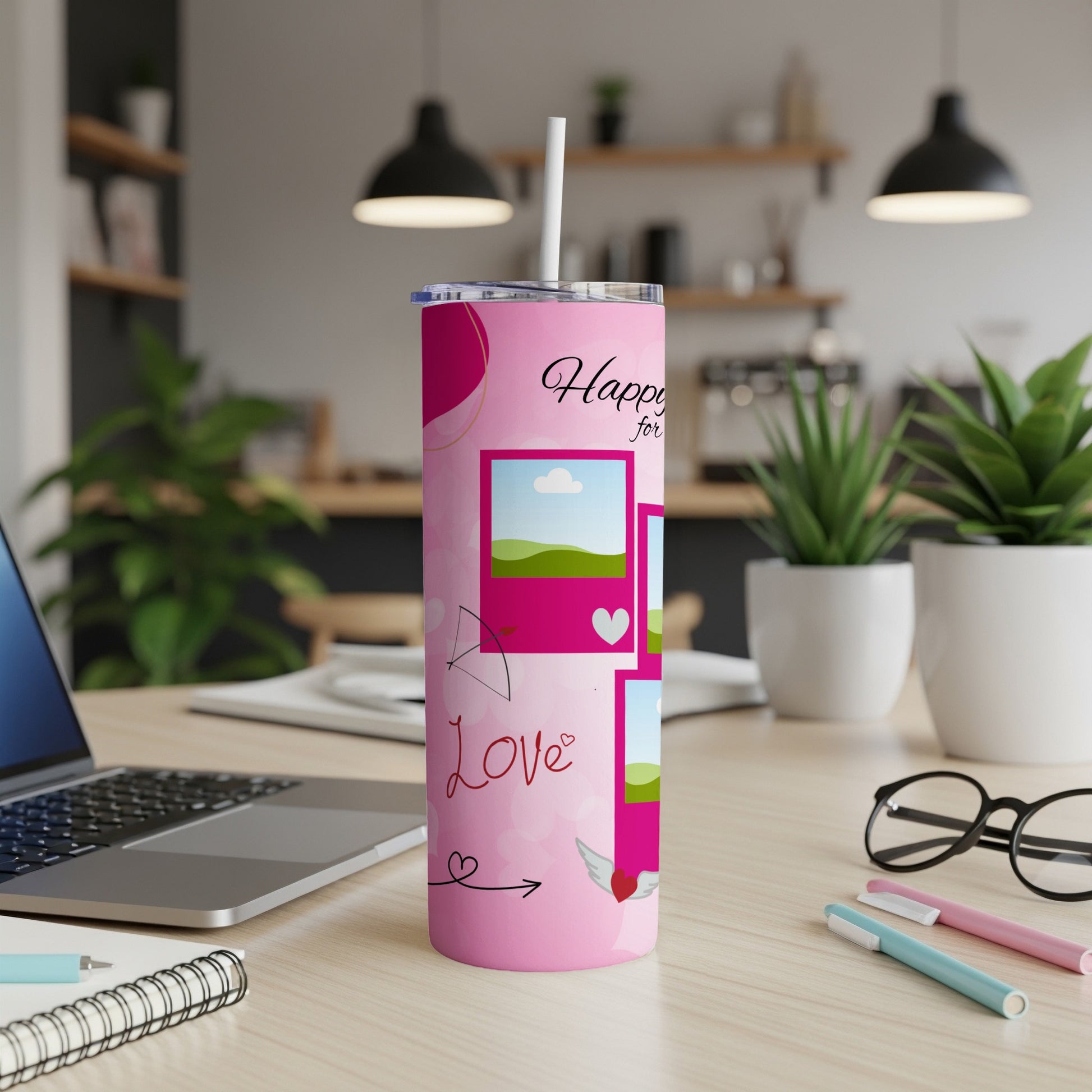 Pink tumbler with "Happy for Love" text, photo frames, hearts, and wings design.
