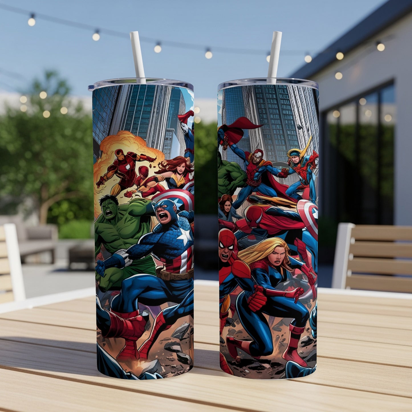 Marvel superheroes assemble on a tall tumbler, ready for action.