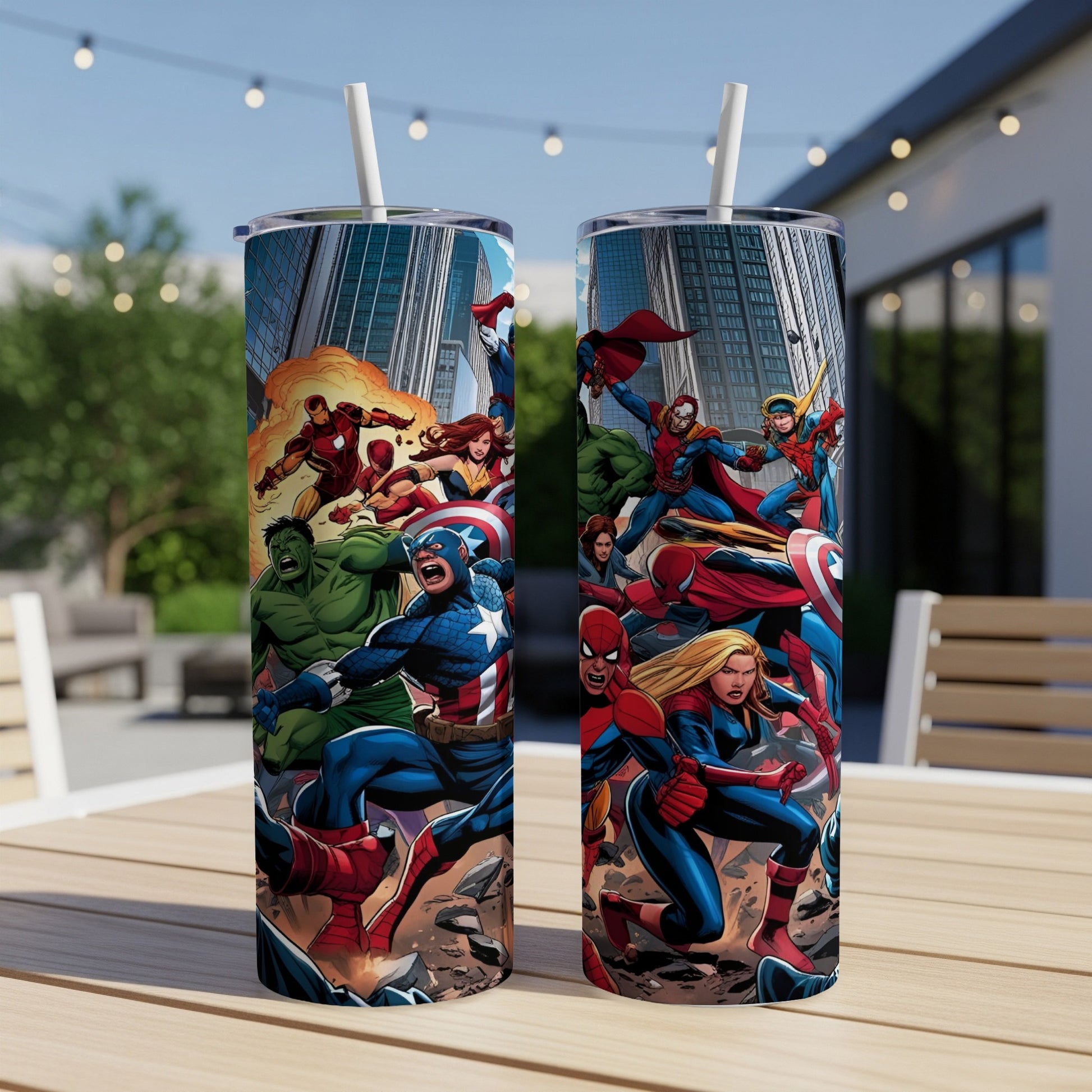 Marvel superheroes assemble on a tall tumbler, ready for action.
