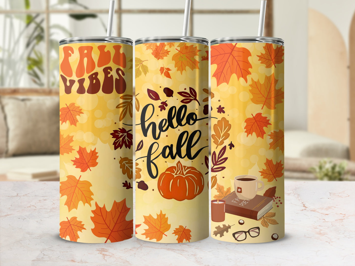 Fall Vibes and Hello Fall Autumn Leaves Tumbler