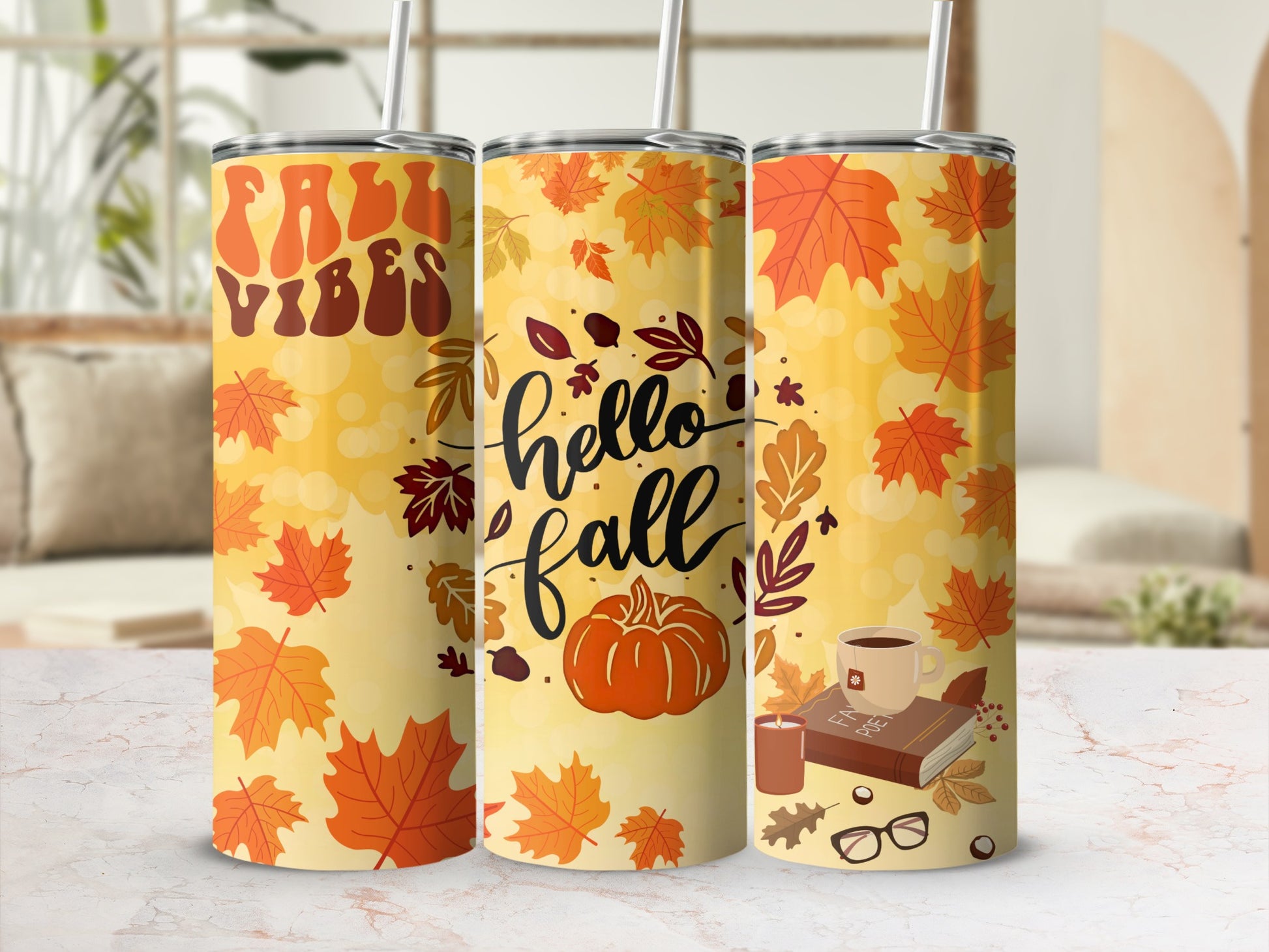 Fall Vibes and Hello Fall Autumn Leaves Tumbler