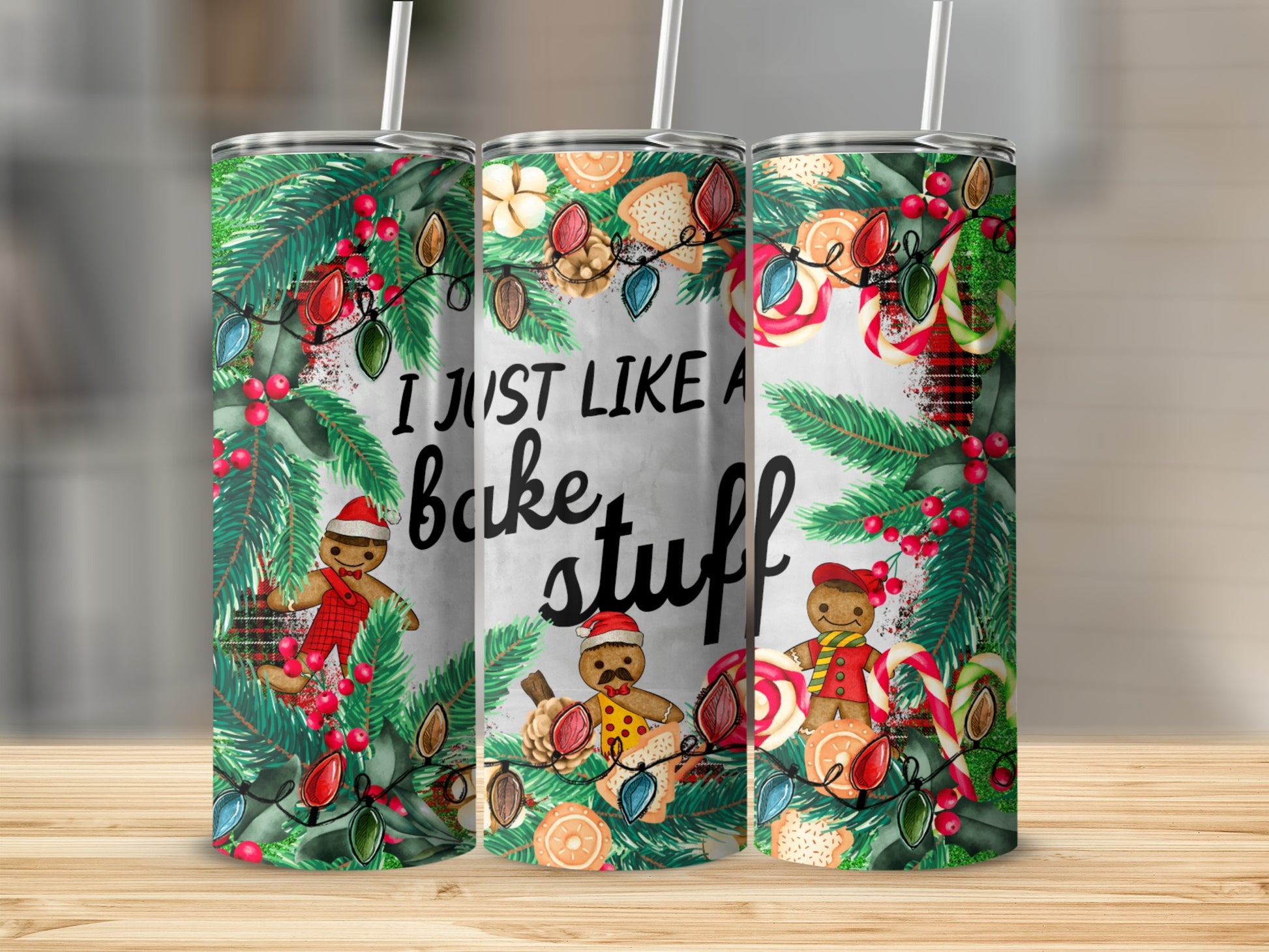 Gingerbread man cookie tumbler with Christmas lights and holly.