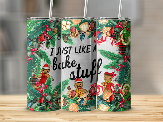 Gingerbread man cookie tumbler with Christmas lights and holly.