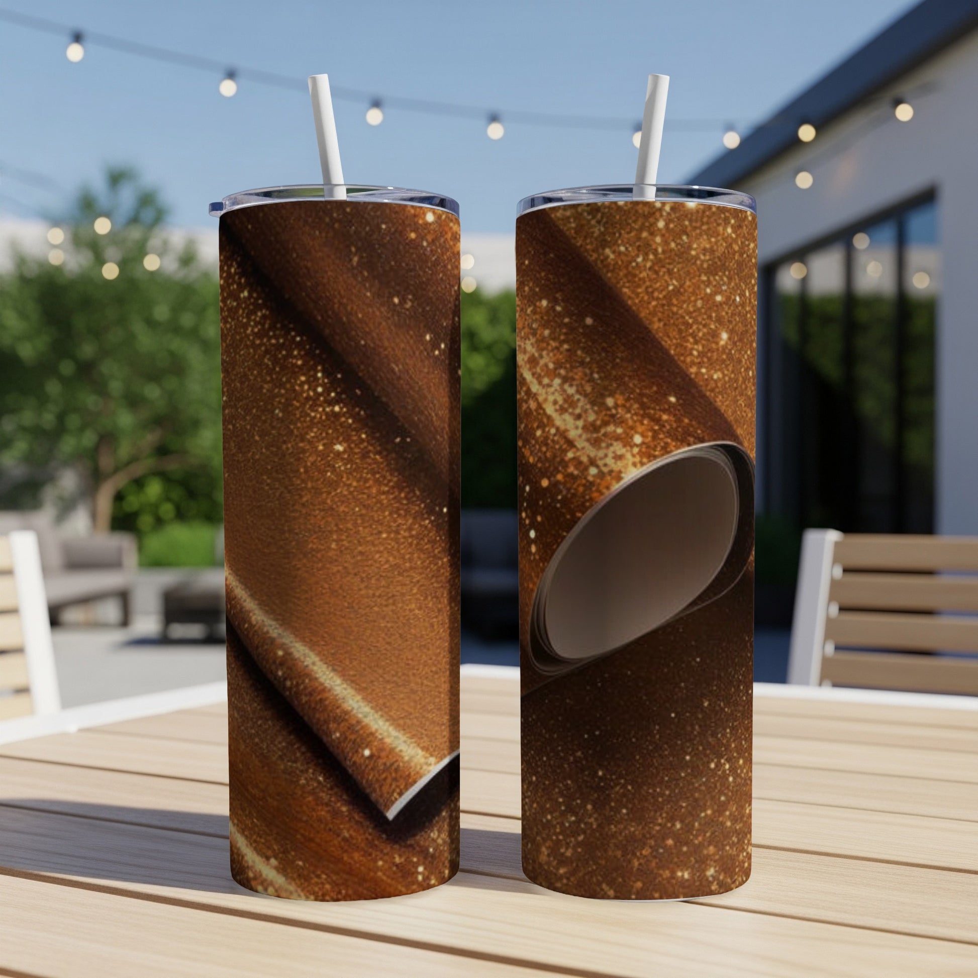 Two tumblers with a sparkling copper glitter design on a wooden table.