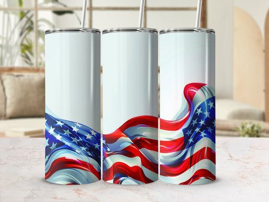 Three tall tumblers with waving American flag design and straws.