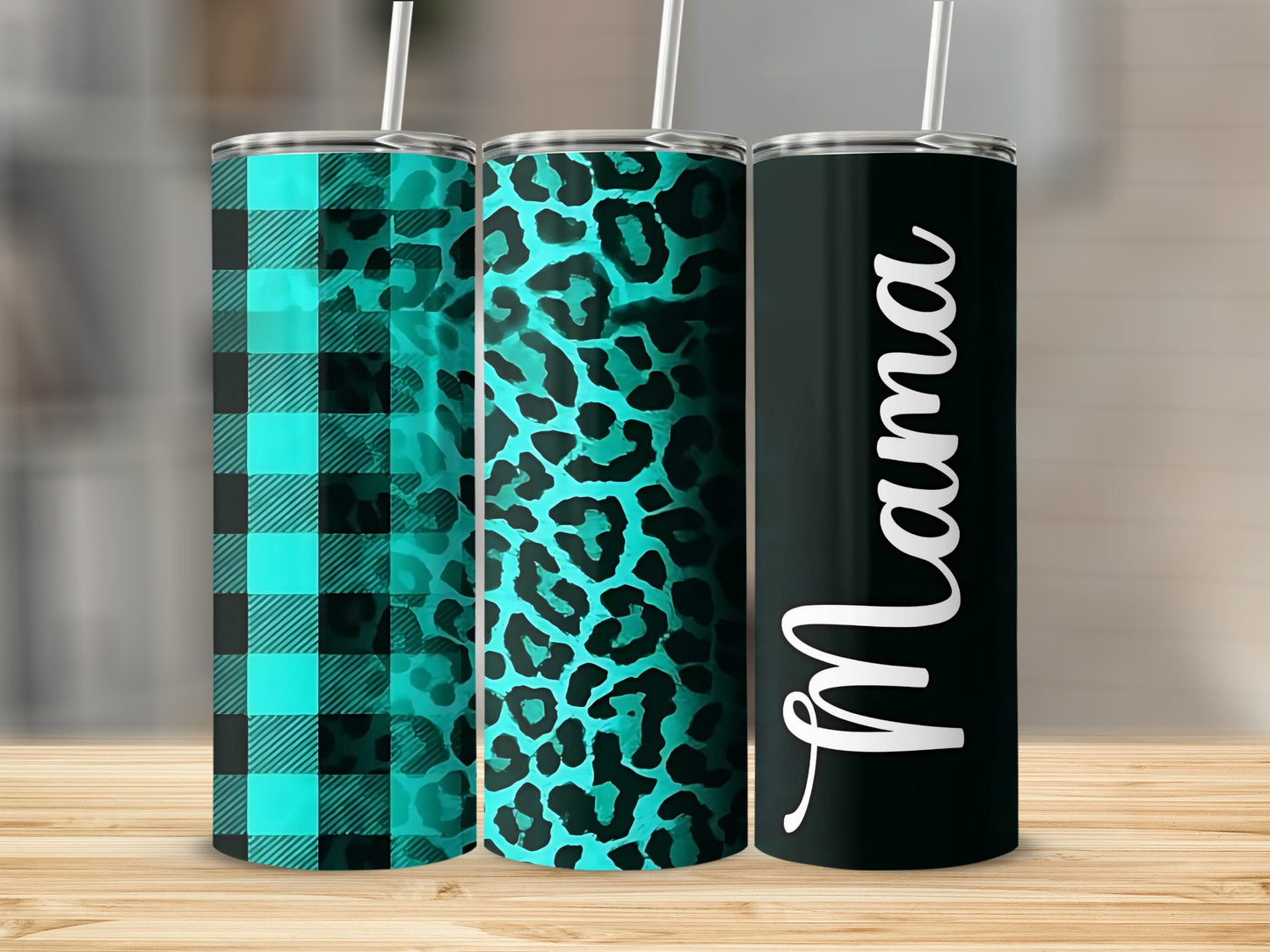 Teal Plaid Leopard Mama Design Insulated Tumbler