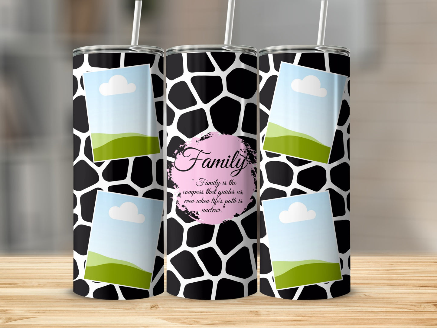 Tumblers with giraffe print, photo frames, and the quote "Family is the compass."