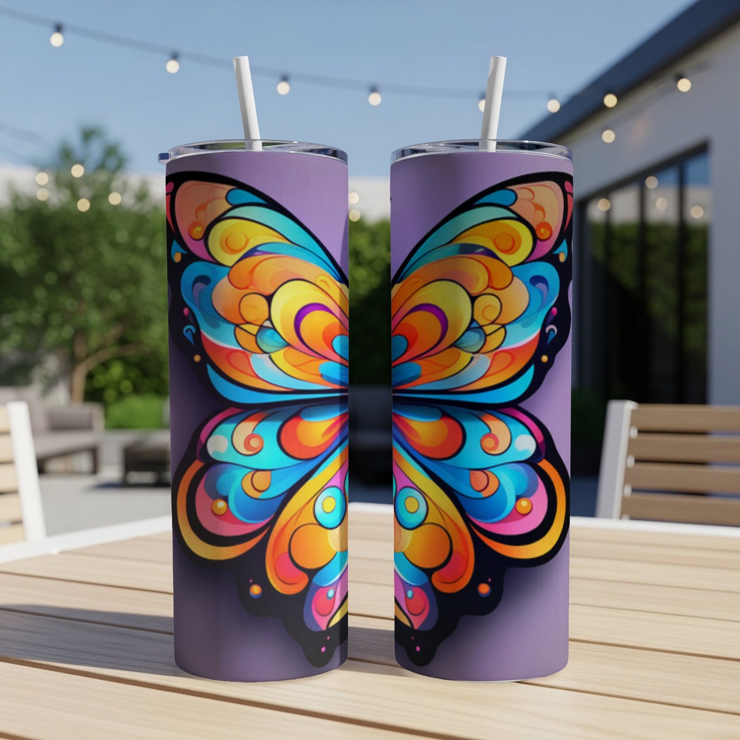 Two purple tumblers with a colorful butterfly wing design.