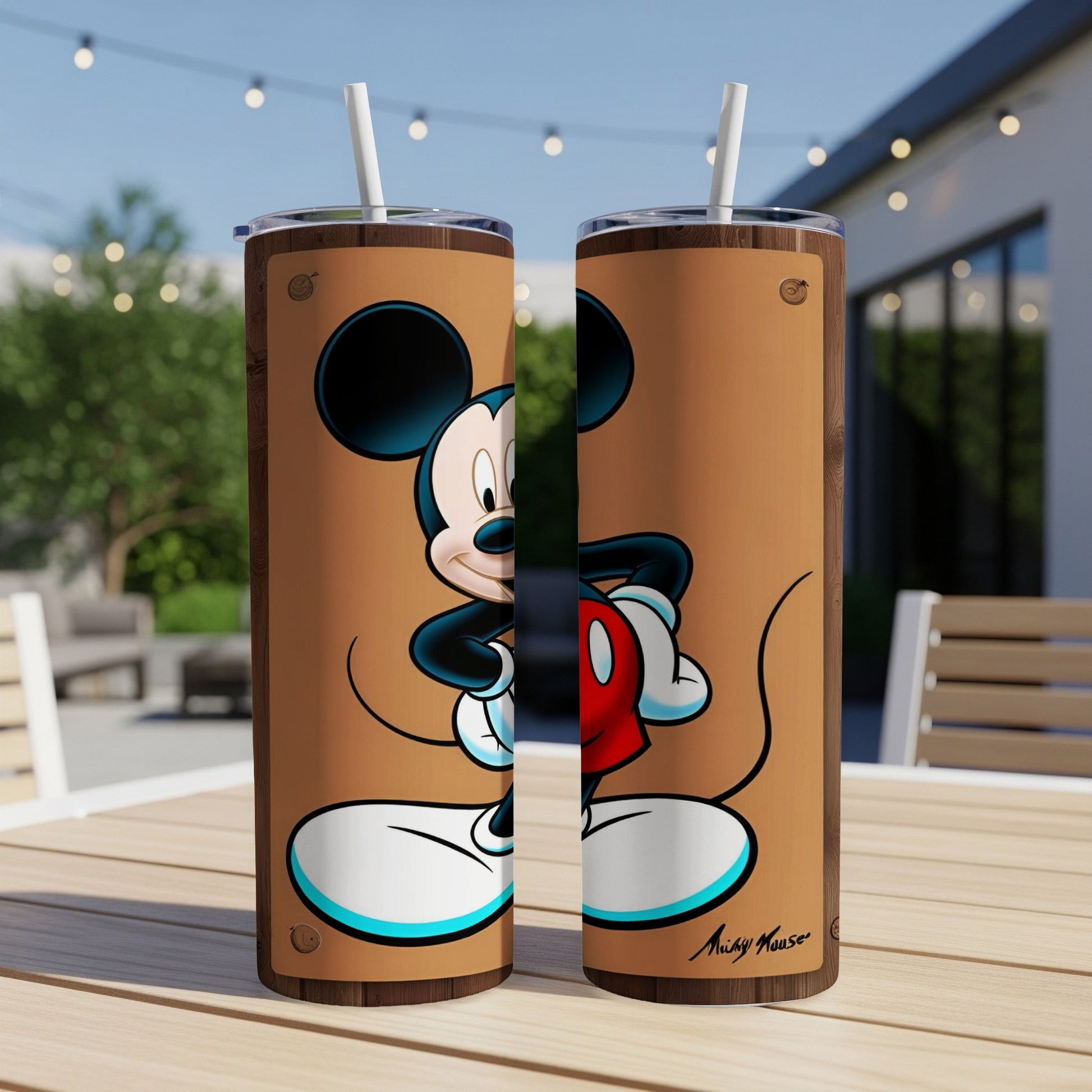 Two tumblers with Mickey Mouse on a wood-grain background, "Mickey Mouse" text.