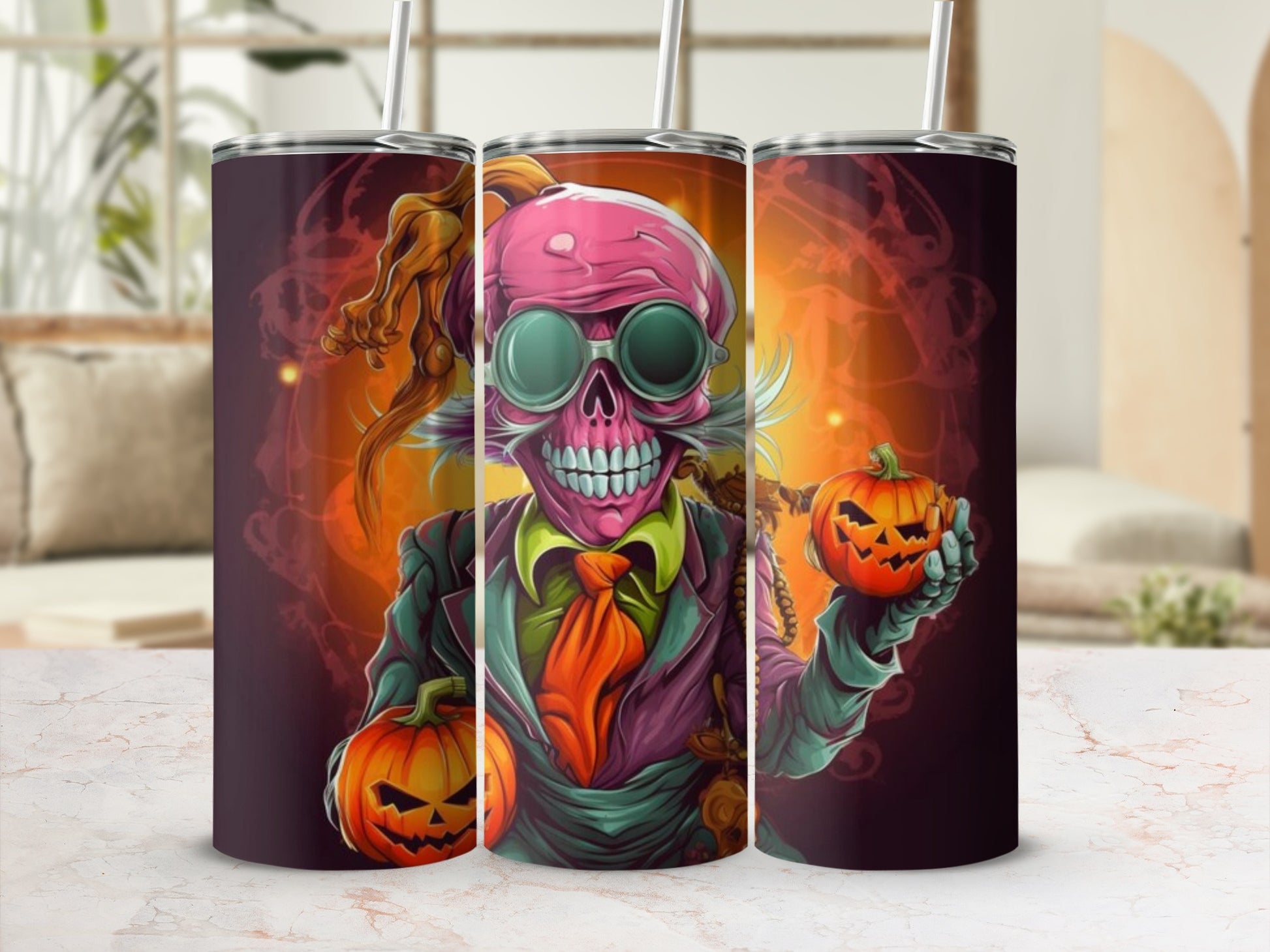 Halloween tumbler with a cartoon skeleton in a suit holding pumpkins.