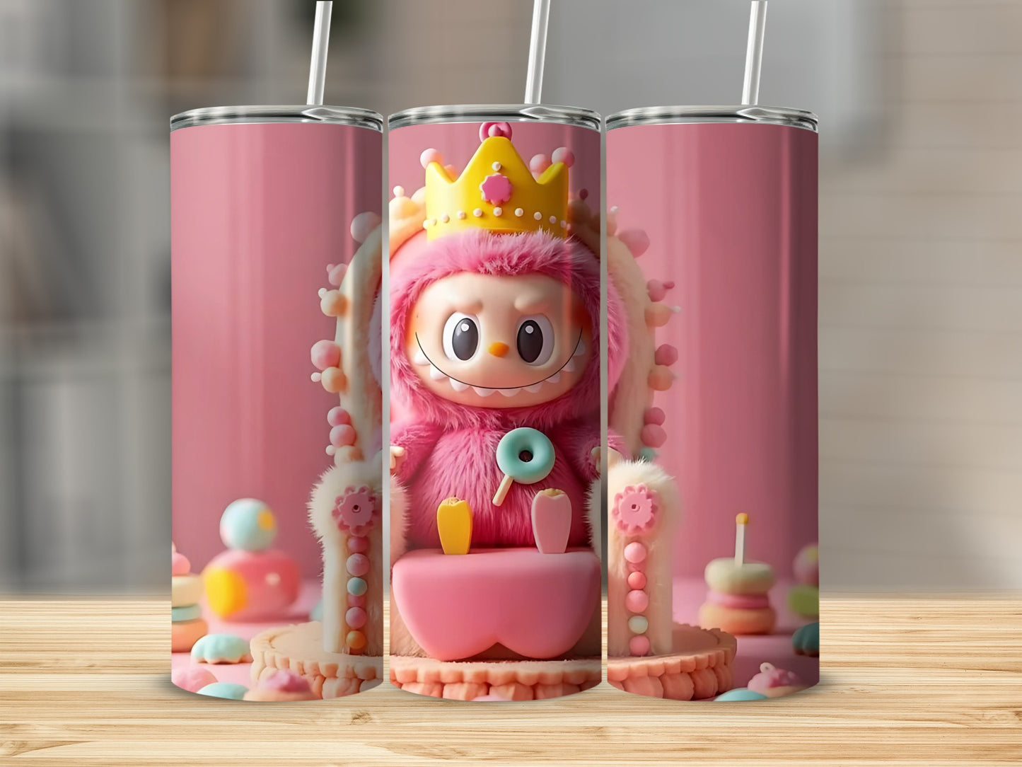 Cute Cartoon Monster Tumbler with Crown and Donut Art