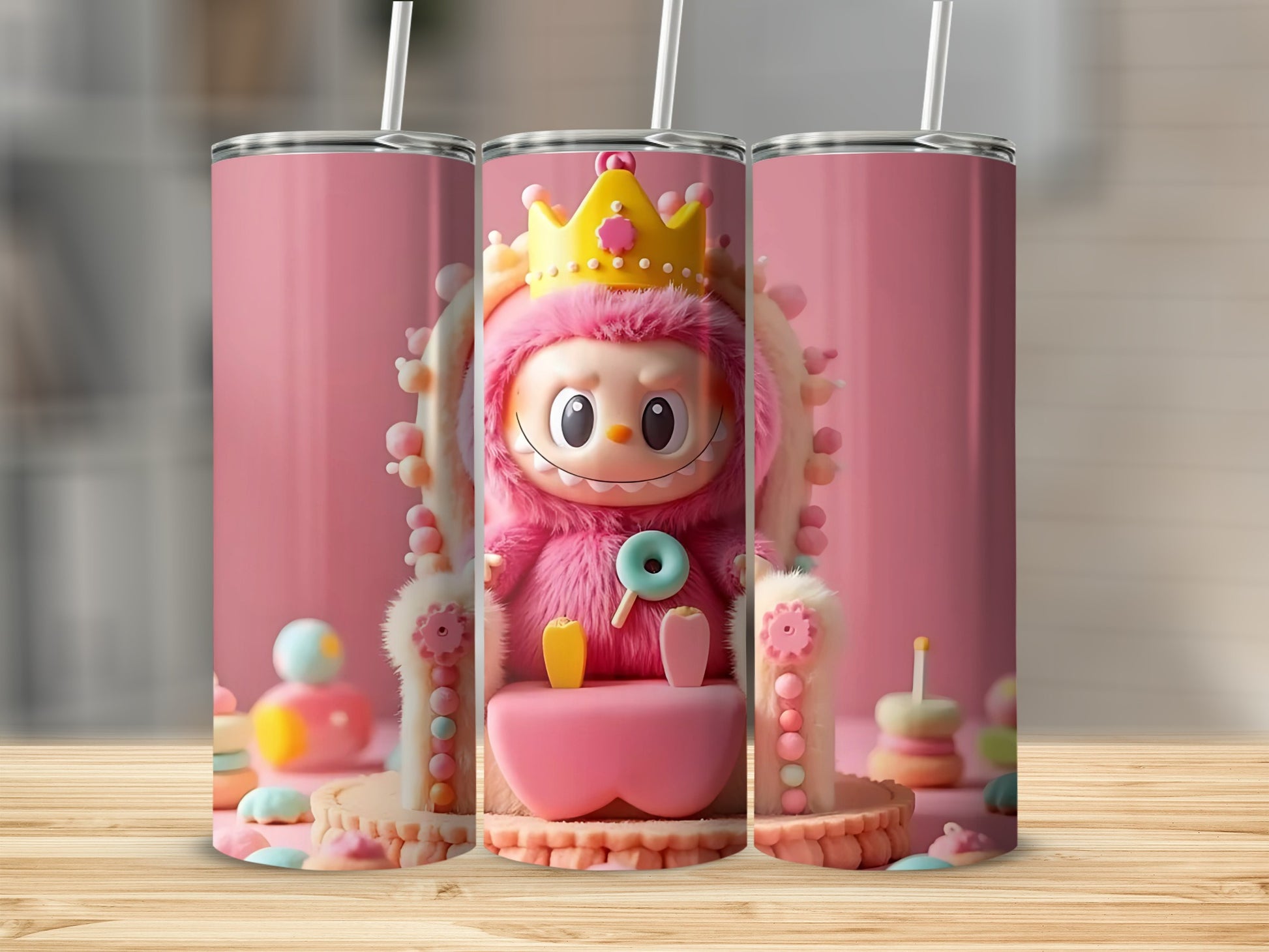Cute Cartoon Monster Tumbler with Crown and Donut Art