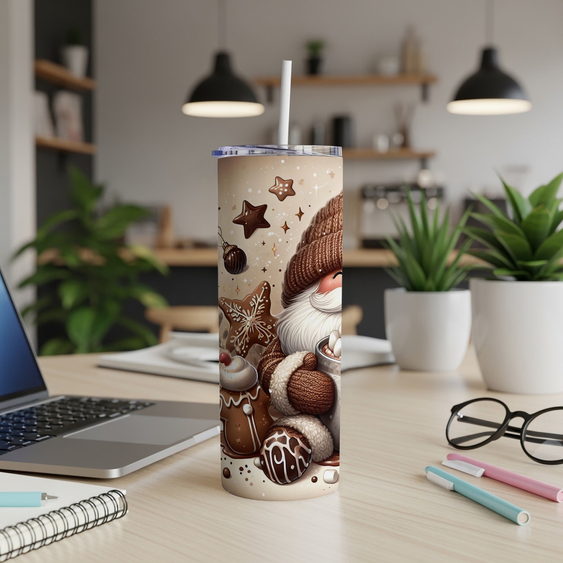 Gnome with gingerbread and cookies on a festive Christmas tumbler.