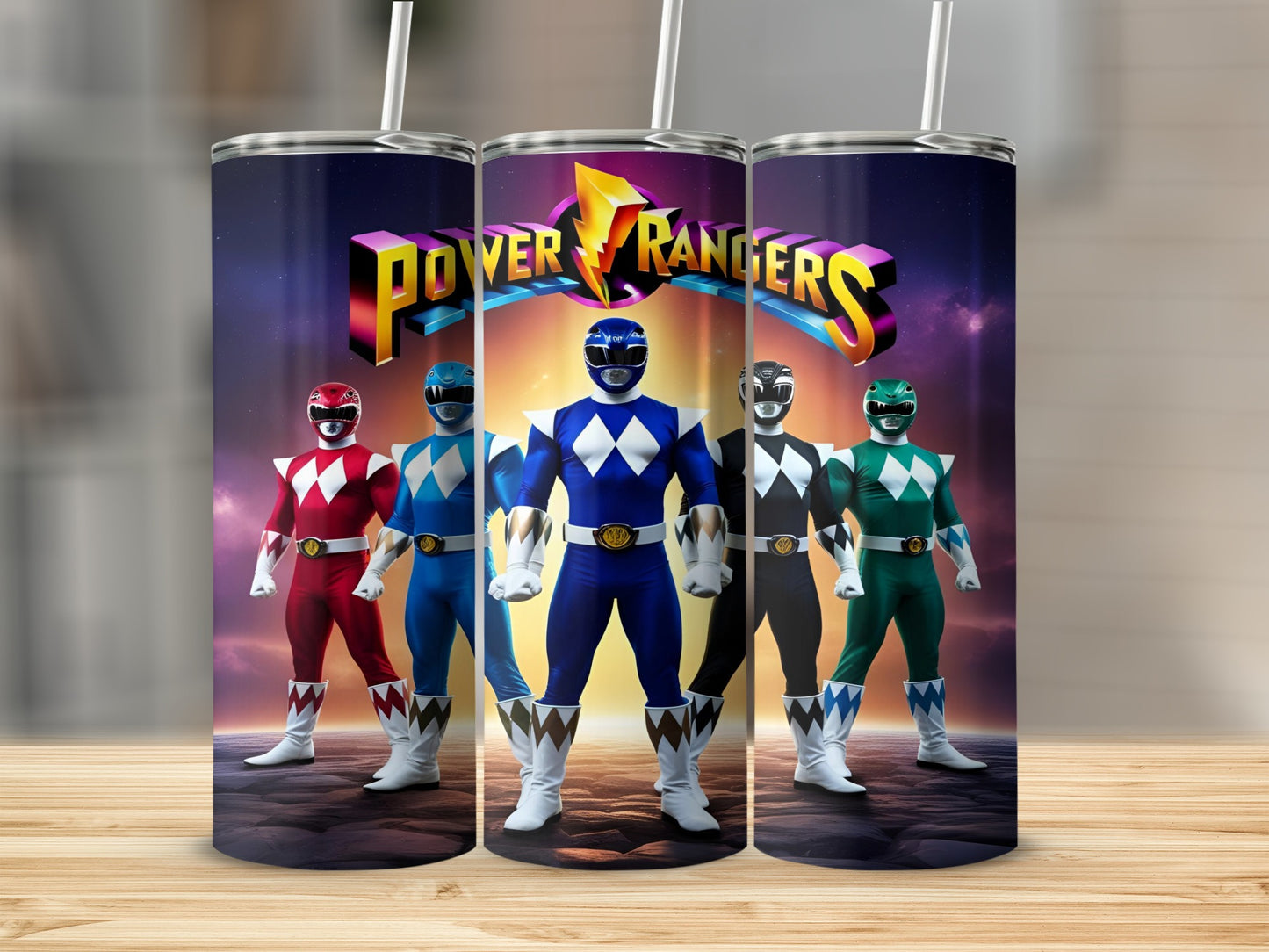 Power Rangers in colorful suits standing in front of a cosmic background.