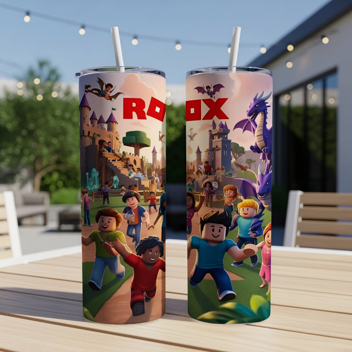 Roblox characters and castle scene on two tall tumblers.
