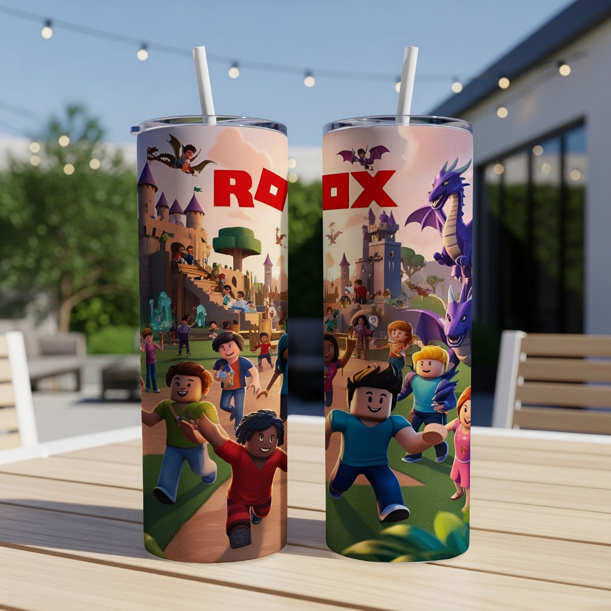 Roblox characters and castle scene on two tall tumblers.