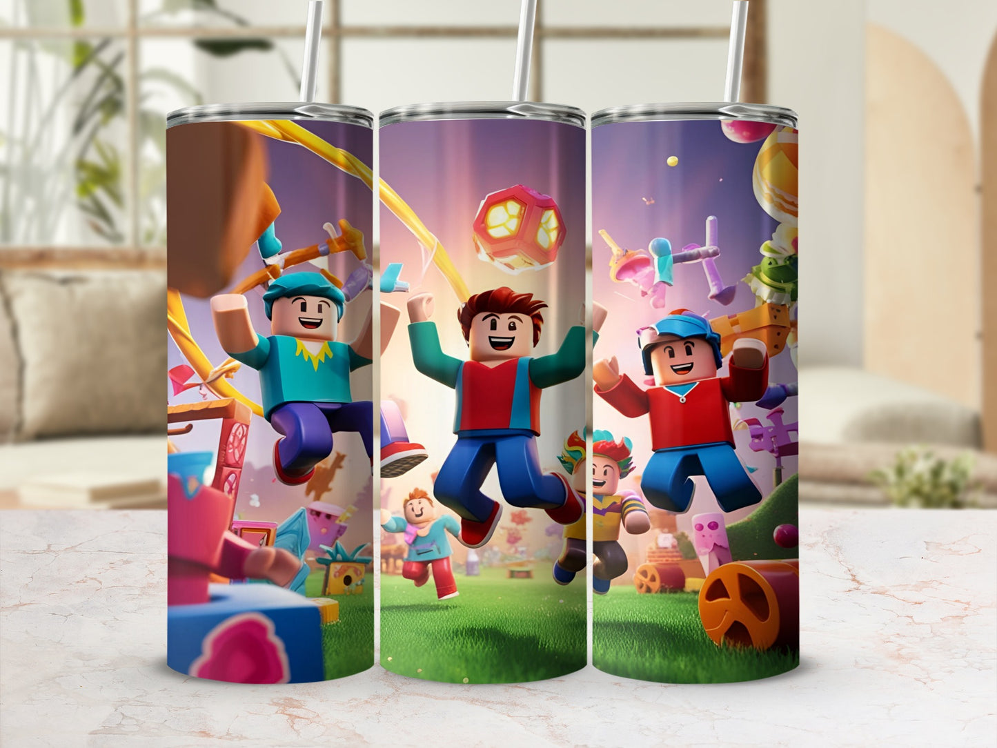 Roblox characters with arms raised in a playful, colorful environment.