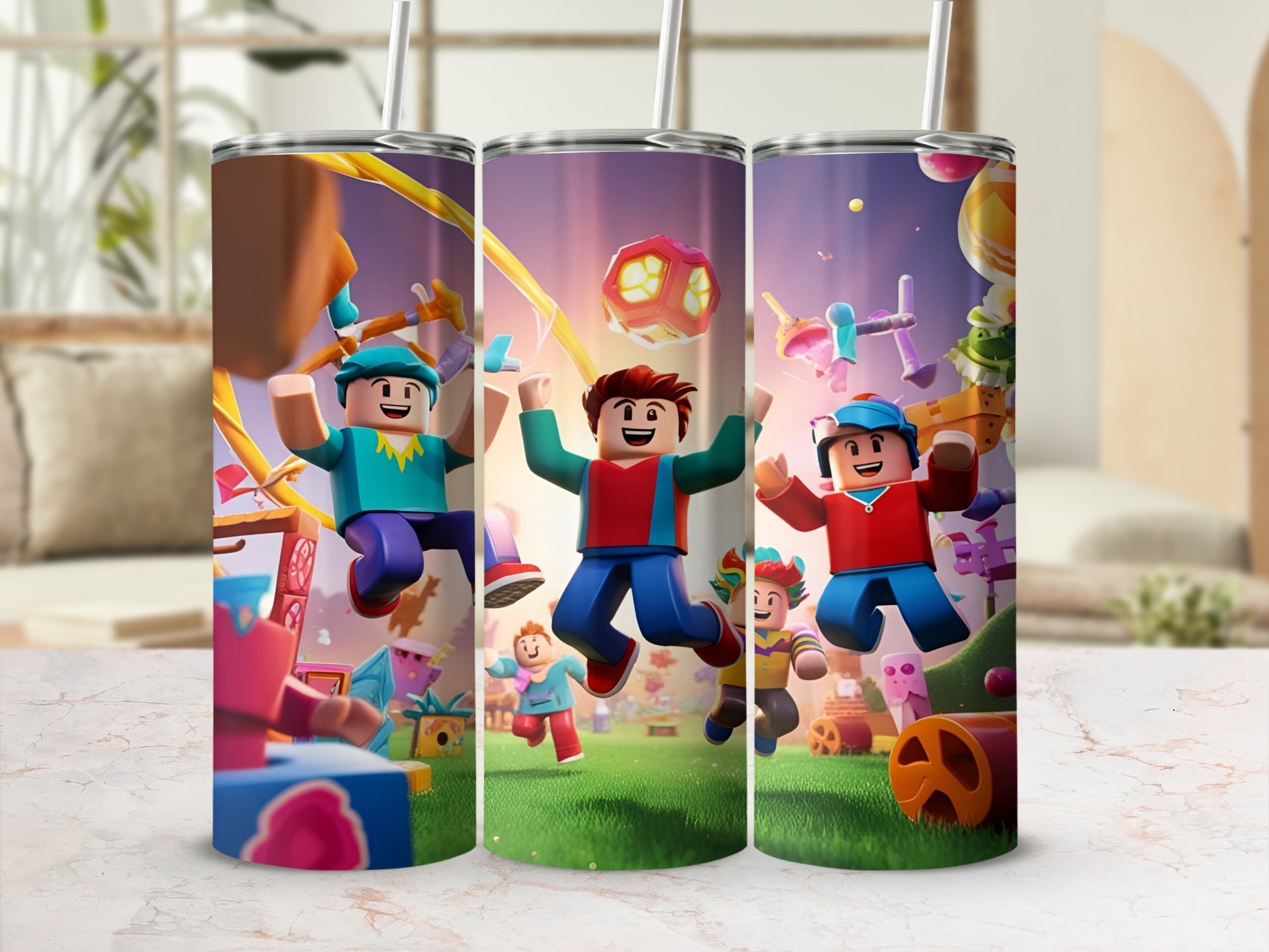 Roblox characters with arms raised in a playful, colorful environment.