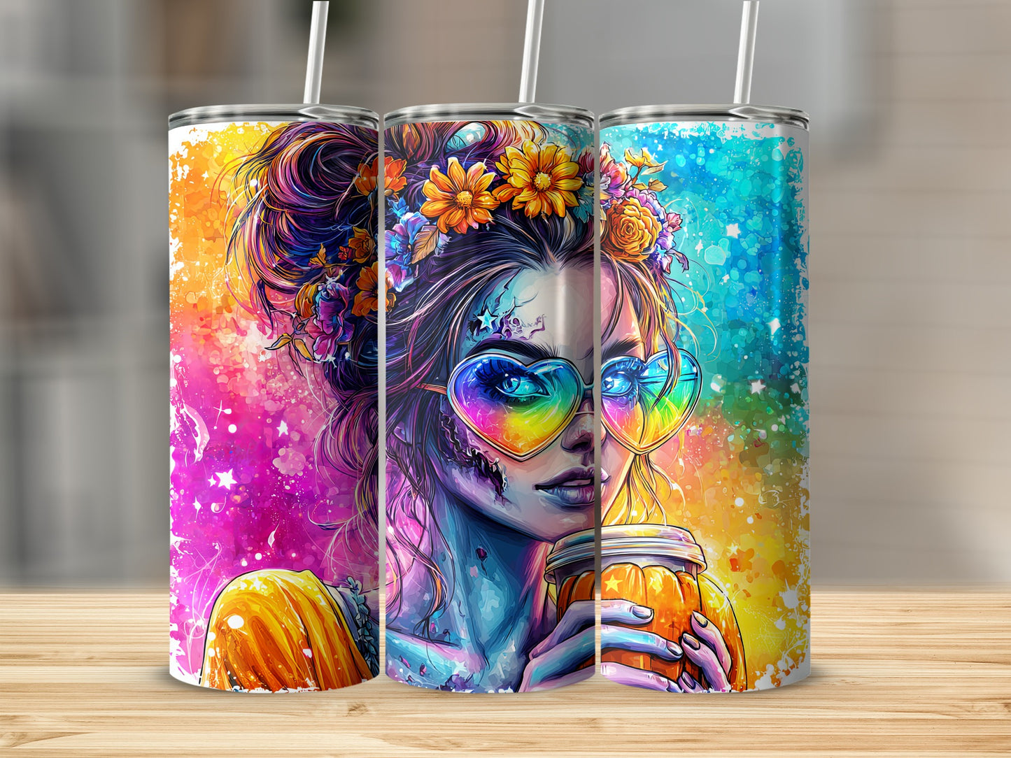 Colorful Girl Artwork Tumbler with Sunglasses and Flowers