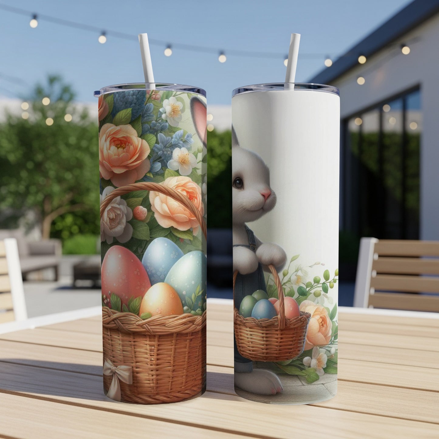 Easter bunny and basket with painted eggs on a white tumbler.
