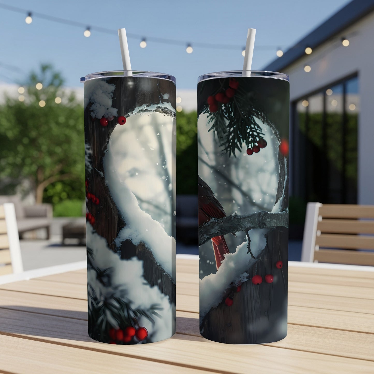 Two tumblers with a cardinal on a snowy branch with red berries.