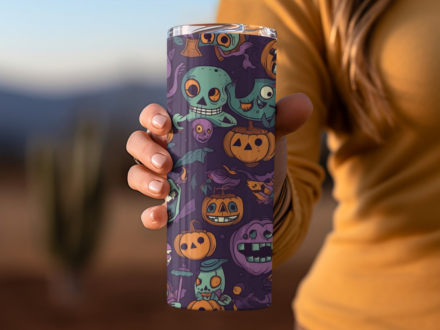 Spooky Halloween Themed Tumbler with Cartoon Monsters