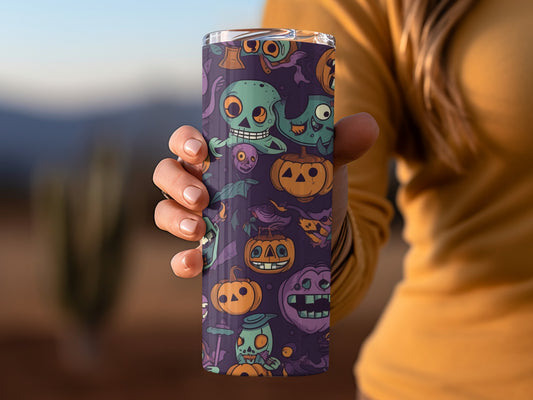 Spooky Halloween Themed Tumbler with Cartoon Monsters