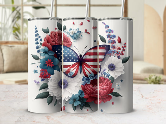 Three tumblers with patriotic butterfly and floral designs.