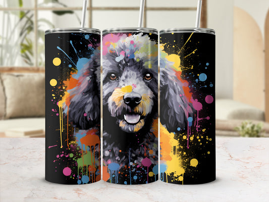Black poodle with colorful paint splatters on a black tumbler.