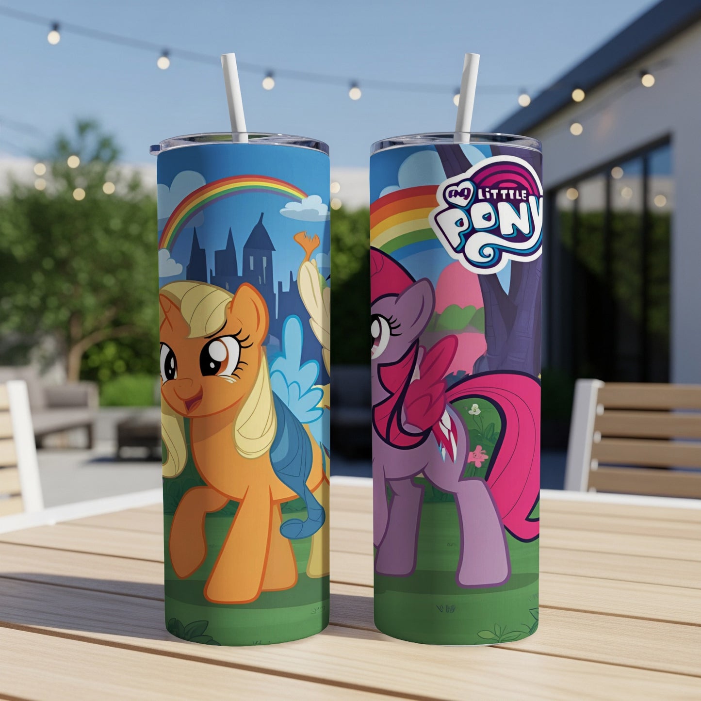 My Little Pony tumblers featuring Applejack and Pinkie Pie with Rainbow Dash.