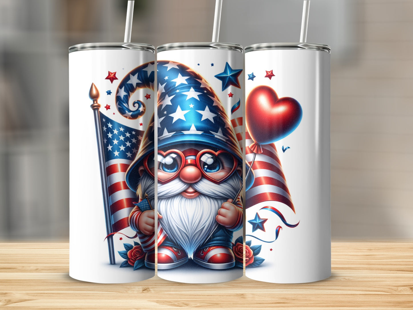 Gnome in patriotic hat and glasses holds American flag and balloon.