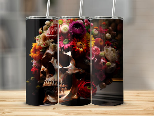 Skull adorned with vibrant, colorful flowers.