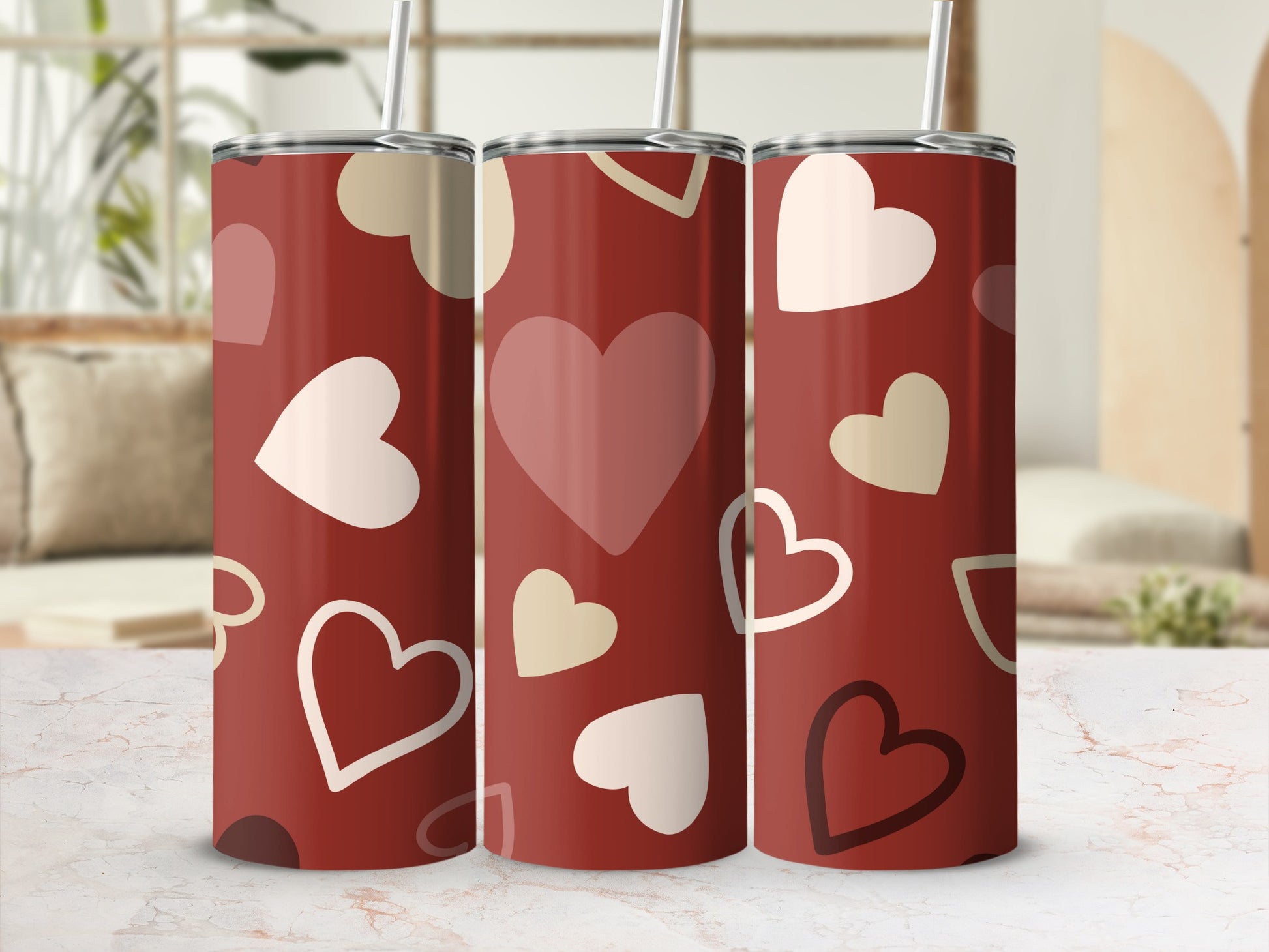 Heart Pattern Tall Tumbler with Straw Valentines Gift