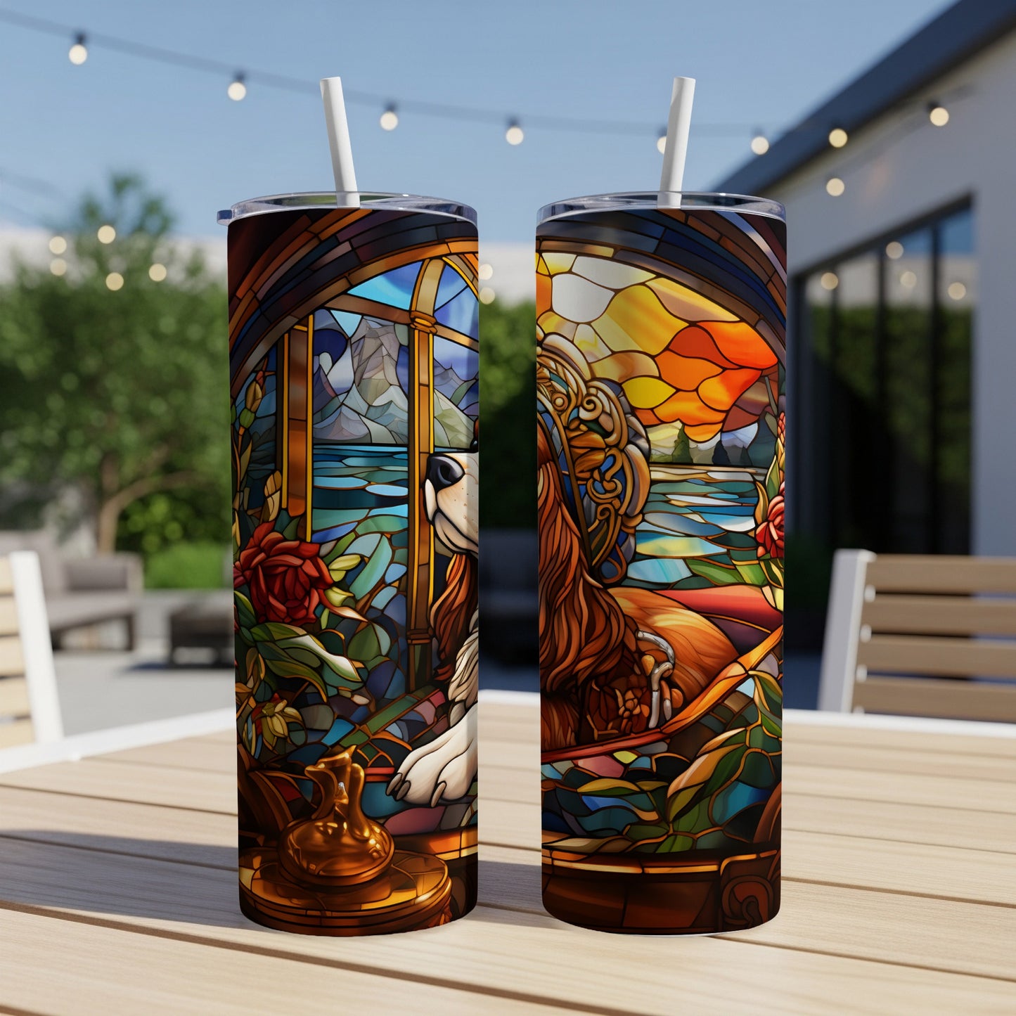 Two tumblers feature stained glass designs of dogs and scenic landscapes.