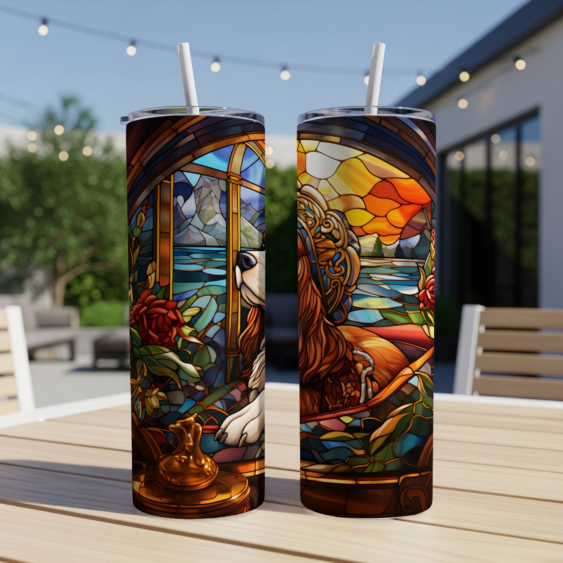 Two tumblers feature stained glass designs of dogs and scenic landscapes.