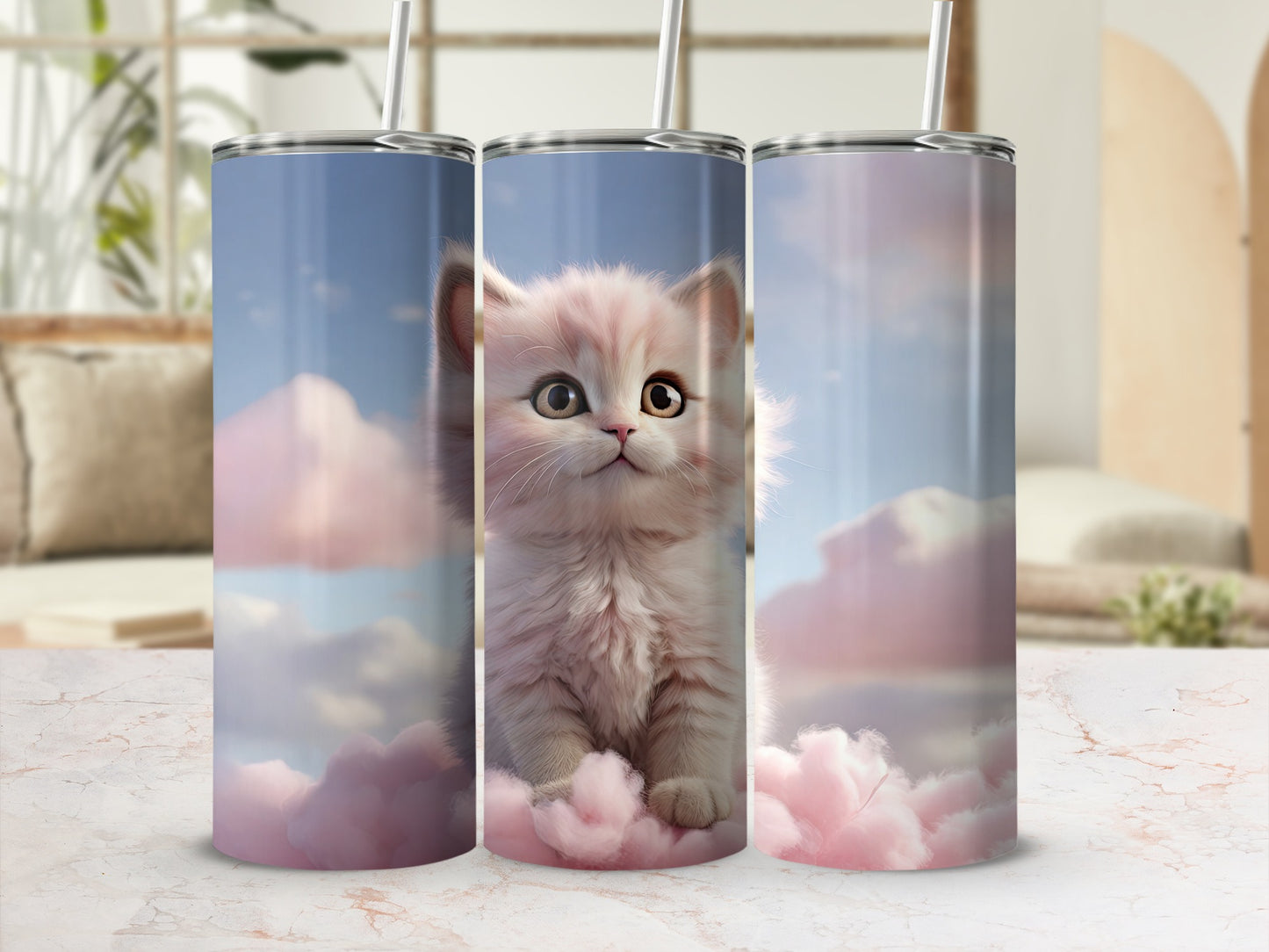 Fluffy pink kitten sits on pink clouds with blue sky background.