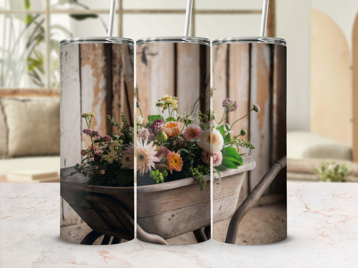 Rustic wooden wheelbarrow overflowing with a variety of colorful flowers.