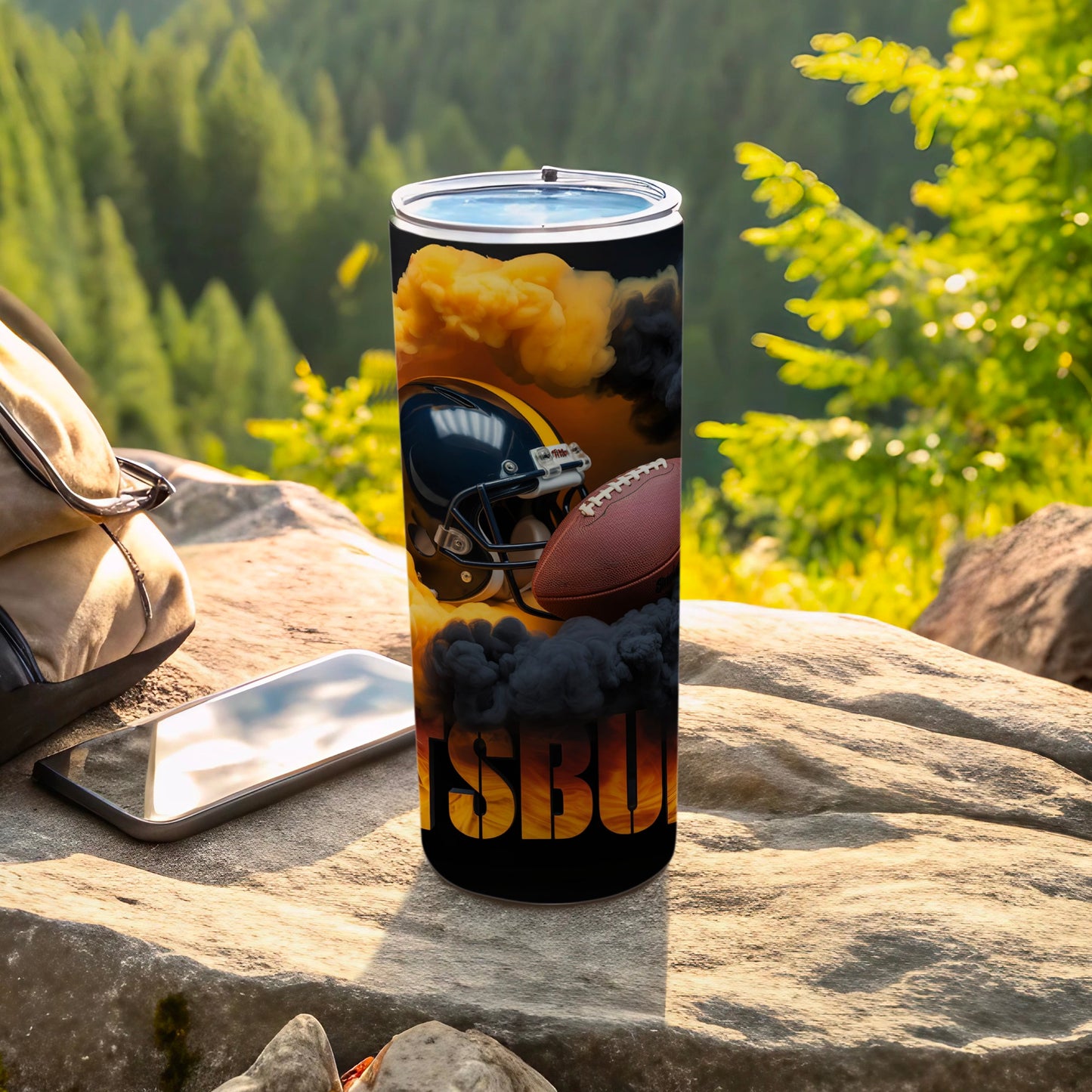 Tumbler with American football helmet, ball, and smoke graphics.