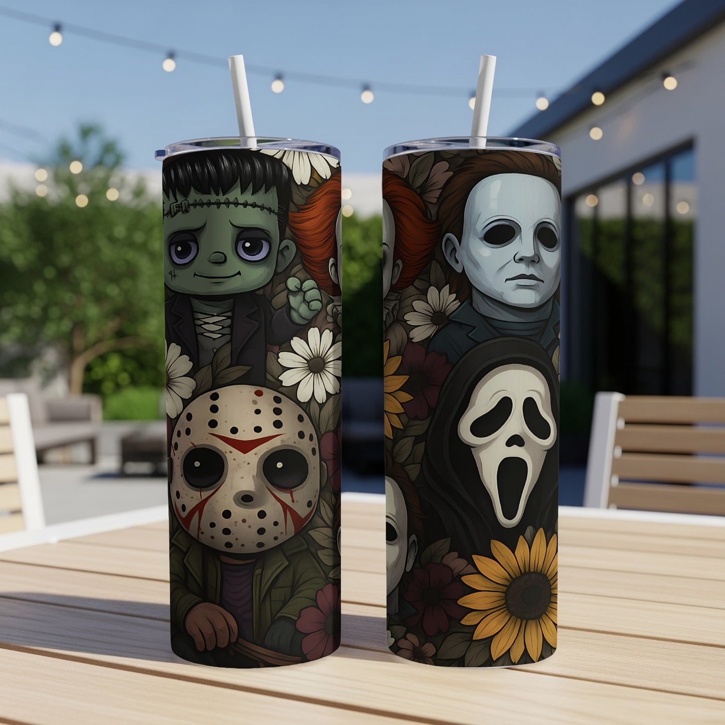 Two tumblers featuring chibi horror characters and floral patterns.