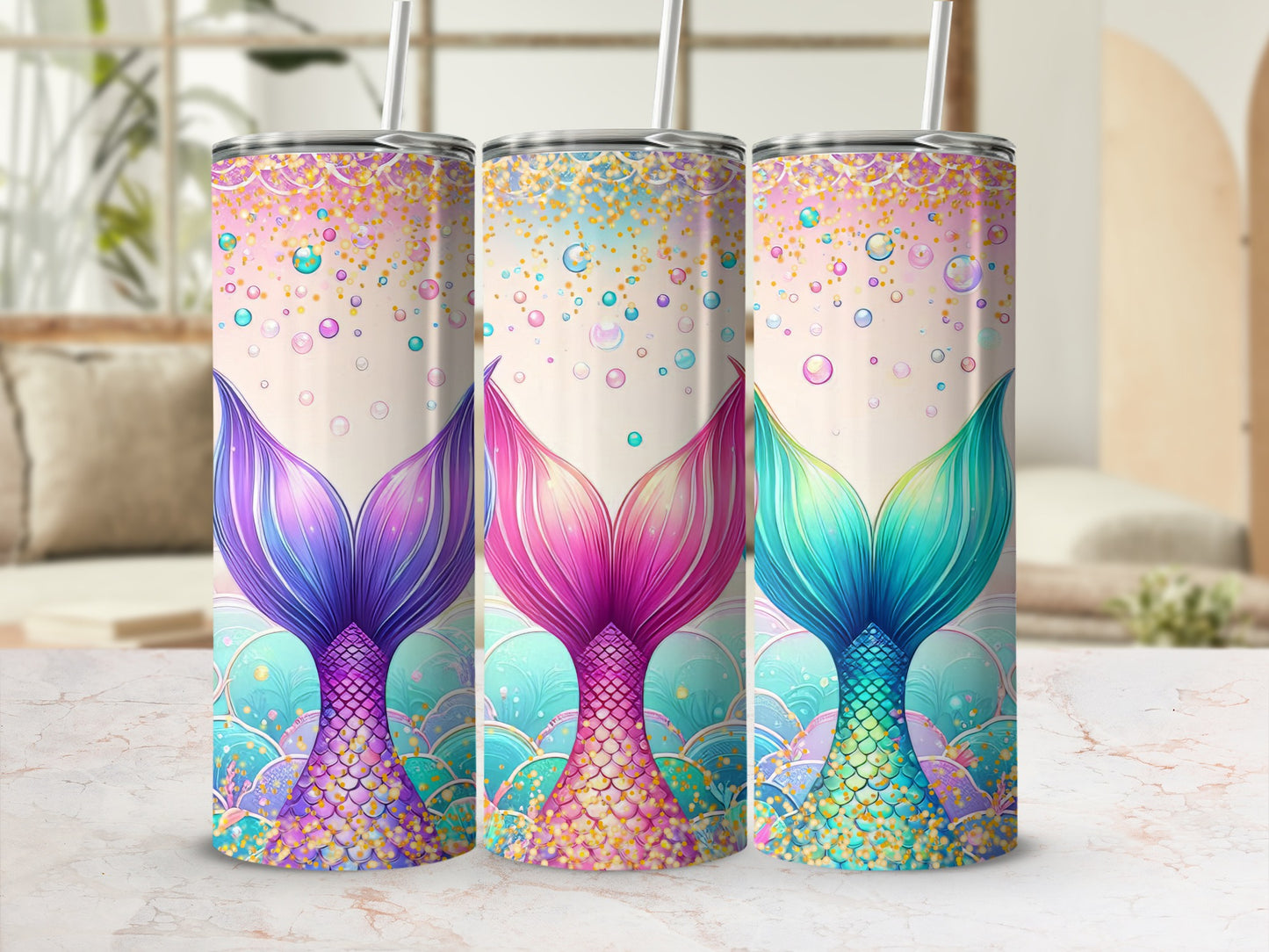 Colorful Mermaid Tail Themed Tumbler With Straw