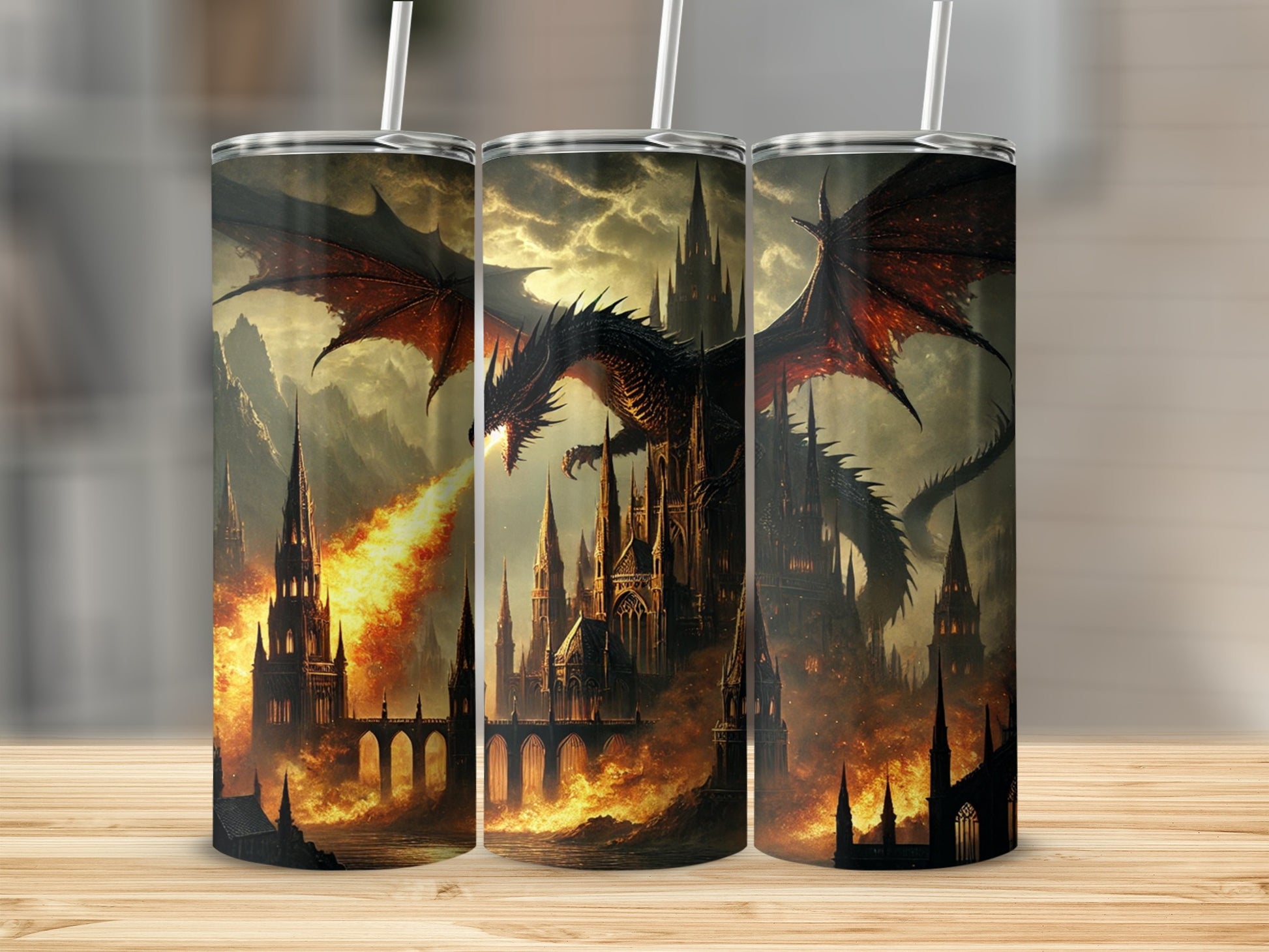 Dragon Castle Fire Fantasy Art Tumbler Cup