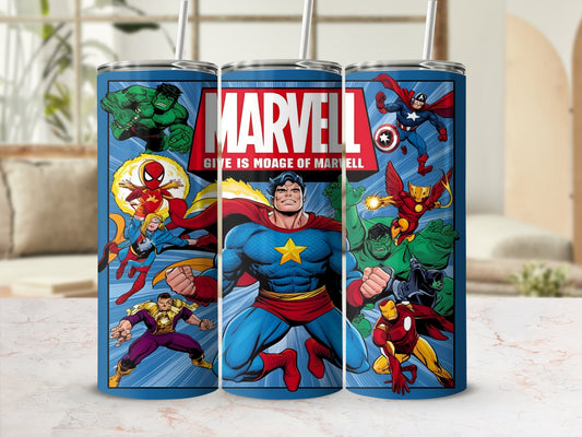Marvel superheroes collage on a blue insulated tumbler with straws.
