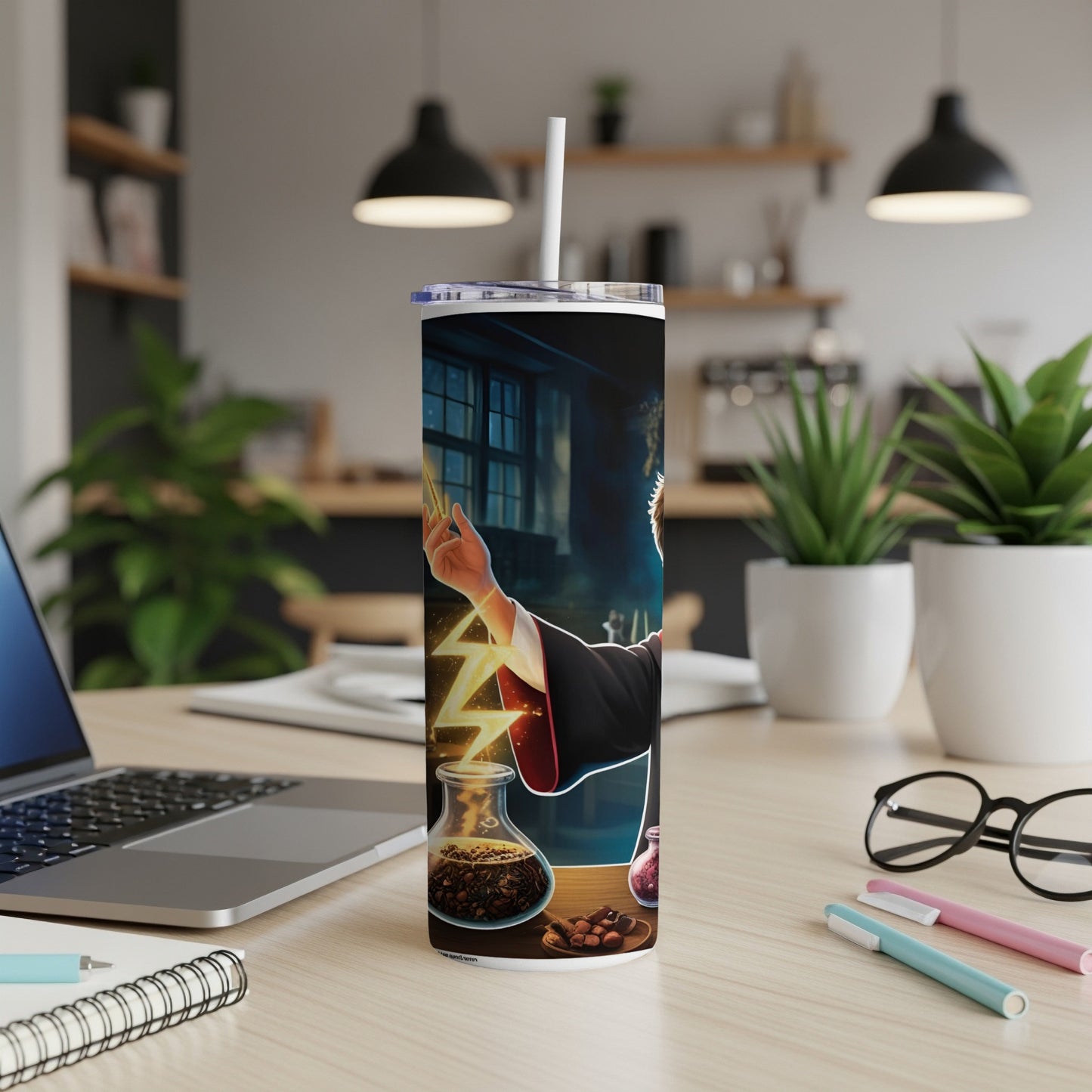 Wizard on a tumbler pouring lightning into coffee beans.